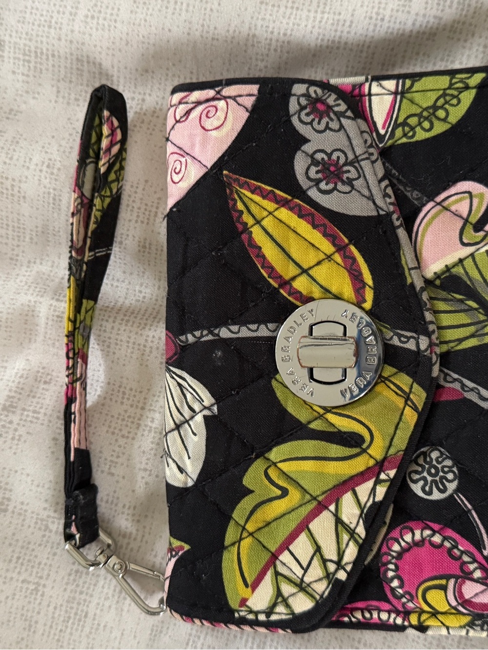 Vera Bradley Black Quilted Floral Wristlet with Pink & Lime Accents